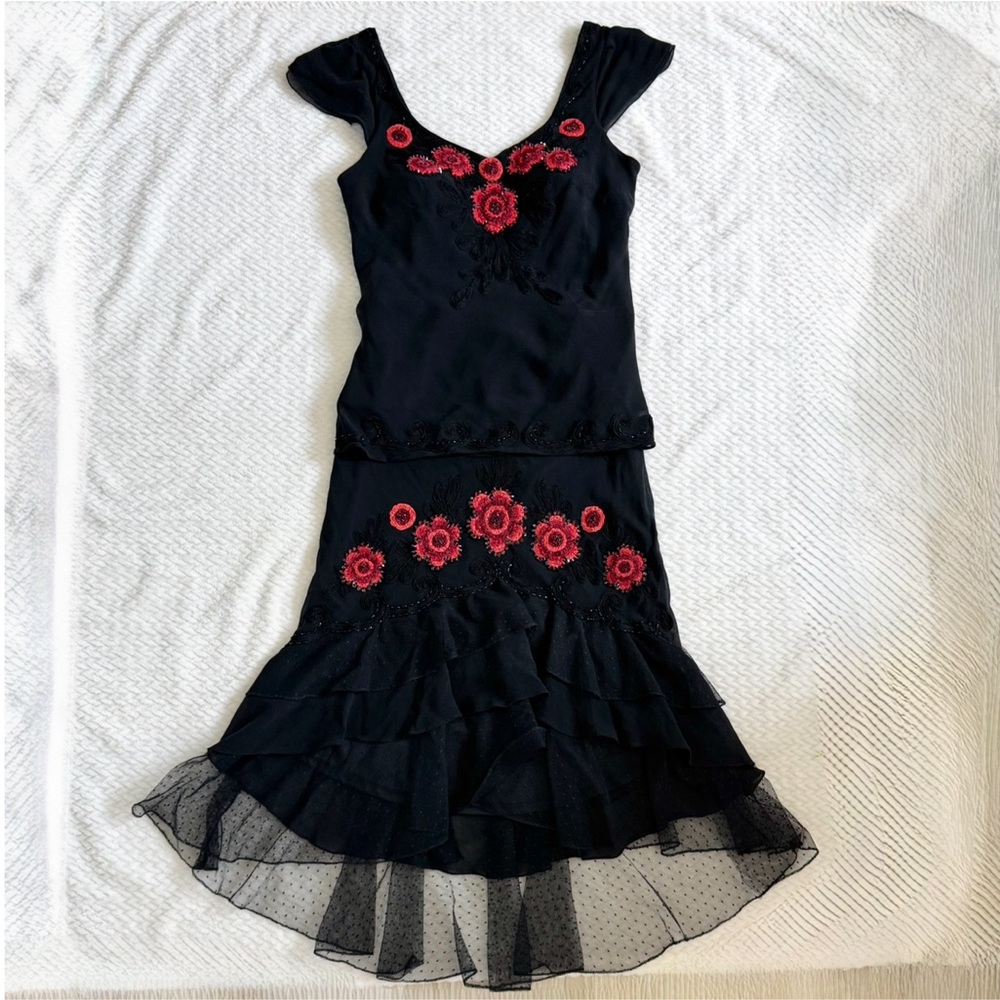 VTG Sue Wong Silk Beaded Embroidered Skirt Top 6 Black Whimsigoth Coquette Dress - Picture 5 of 17